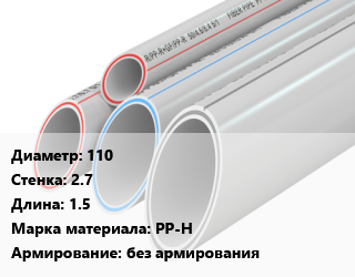 Труба полипропиленовая 110 s=2.7 L=1.5 PP-H без армирования, шт, Ostendorf,VALFEX,РосТурПласт, с раструбом серая,BASE цена от 448.48 сом / шт, где купить, условия доставки в Оше и Ошской области